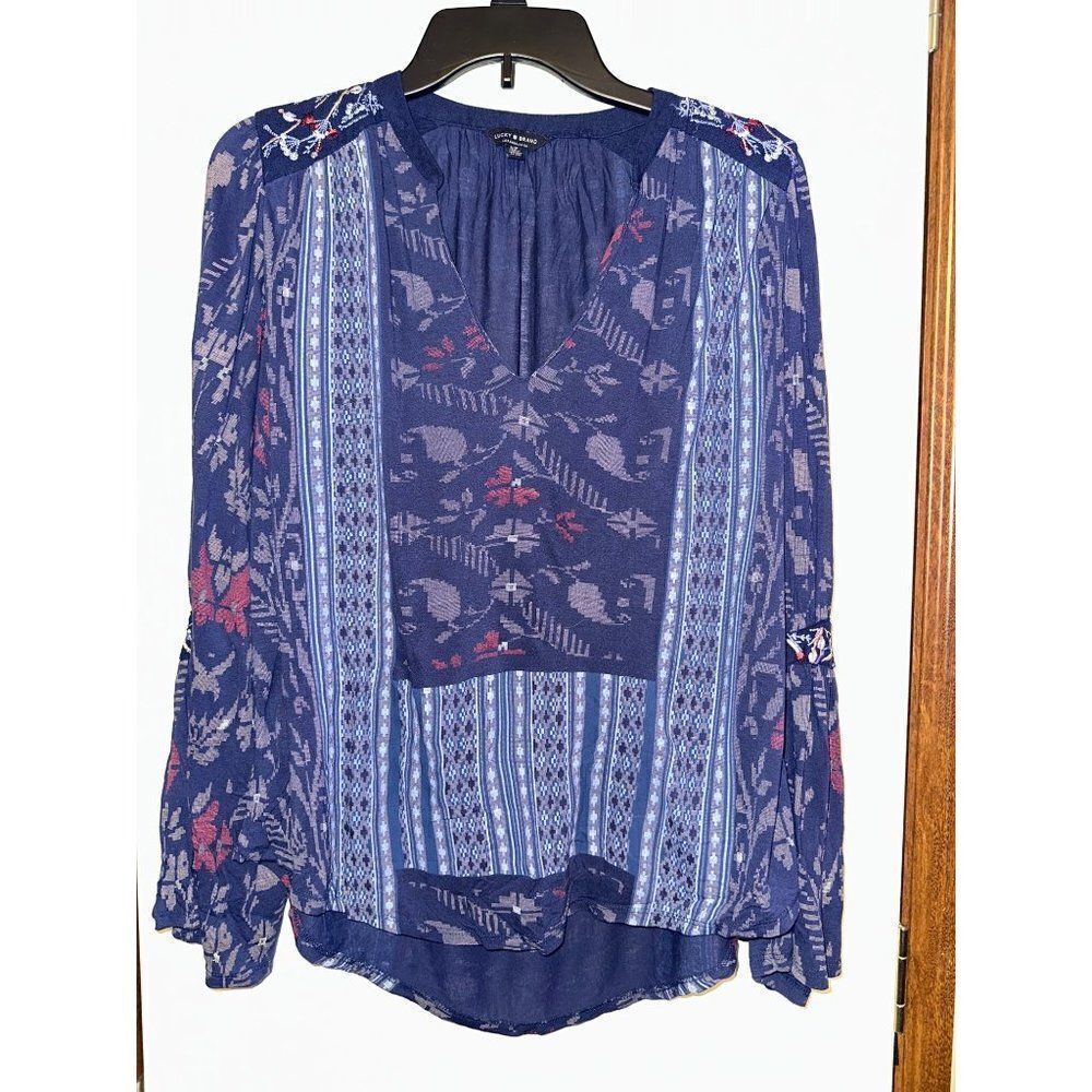 Lucky Brand Navy Blue Flowy Long Sleeve Shirt Size Small